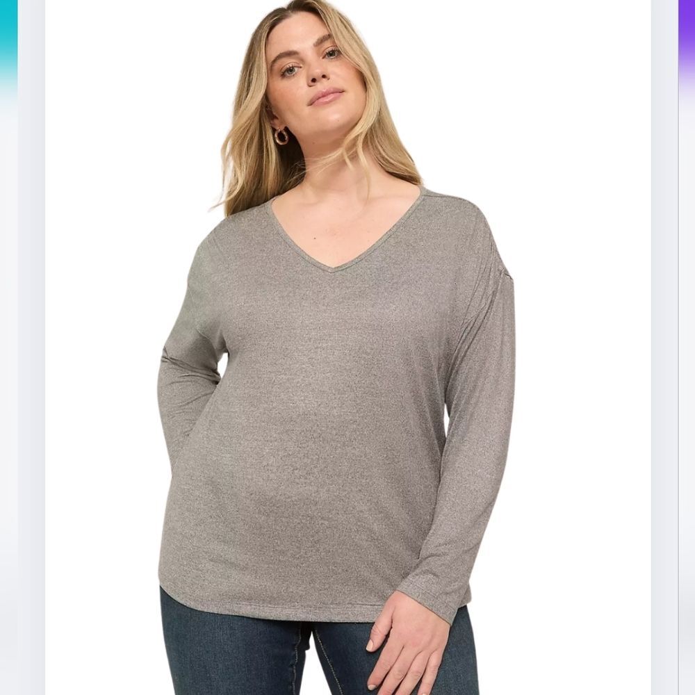 Lane Bryant 26/28 Gray Pleated Stretchy V Neck Sweater Thin 2164-B